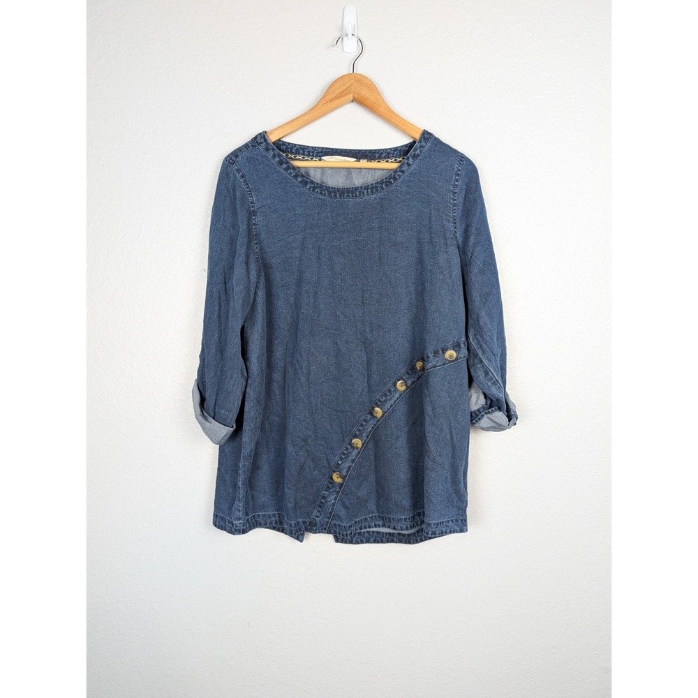 Size PM Soft Surroundings 100% Tencel Blue Chambray Button Detail Blouse Top 215